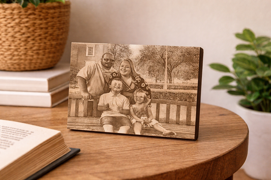 Wooden plaque with engraved family photo on a wooden table with plants and books in the background