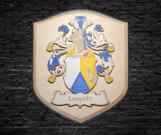 Family crest with the name 'Leopold' on a black brick wall background