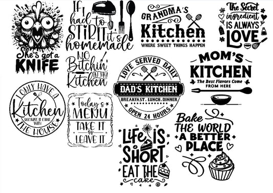 Collection of black and white kitchen-themed sayings on a white background