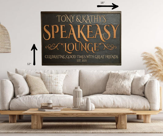 Decorative sign above a sofa with 'Speakeasy Lounge' text in a living room setting.